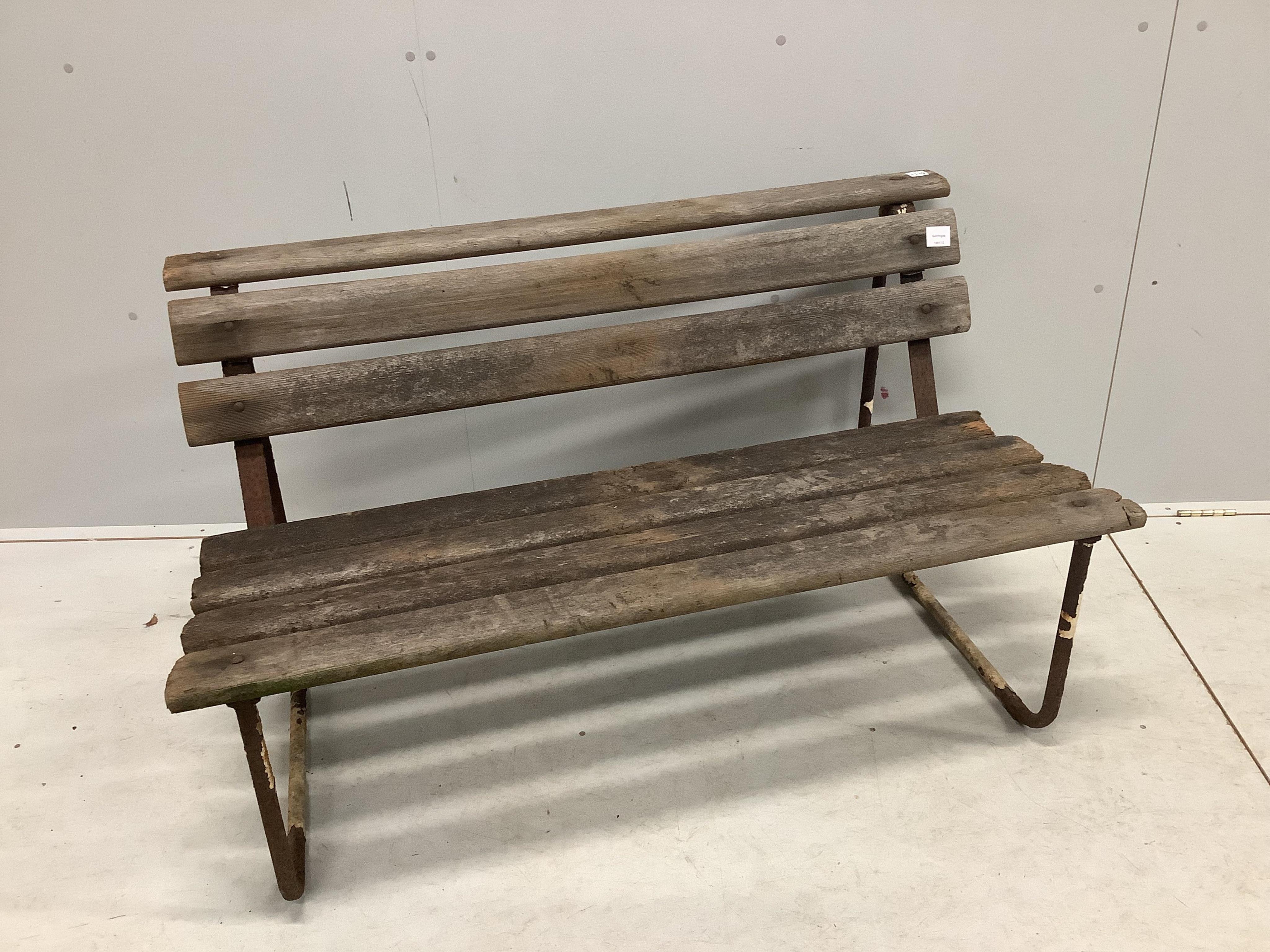 A pair of wooden slatted aluminium garden benches, width 122cm, depth 70cm, height 68cm. Condition - poor